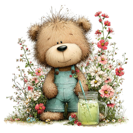 teddy bear, cute animals, whimsical, spring, floral, daisies, cosmos flowers, pink flowers, cream, sage green, tan, brown, nature, garden, children's, baby, playful, gentle, soft, charming, illustrated, storybook, pastoral, cheerful, flowers with animals, beverage motif, mason jar, rustic, innocent, sweet