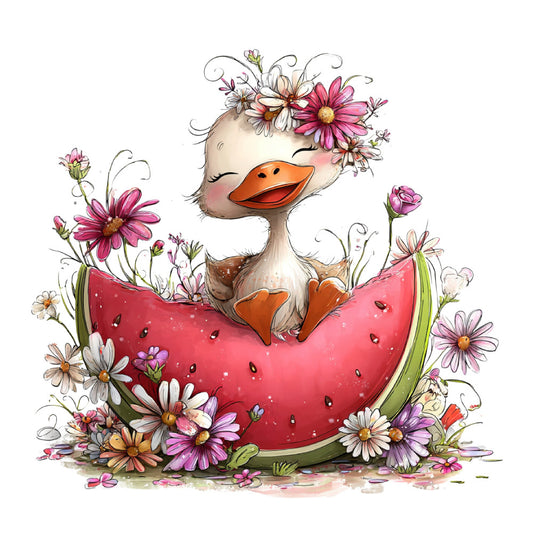 whimsical duck, pink daisies, coral orange, cream white, spring flowers, floral, animals, birds, nature, baby quilt, children's fabric, watercolor, illustration, daisies, cosmos flowers, strawberry, cute characters, playful, nursery, spring, summer, gentle colors, pastoral, sweet, decorative, wall hanging, cotton print, pastel shades, garden theme