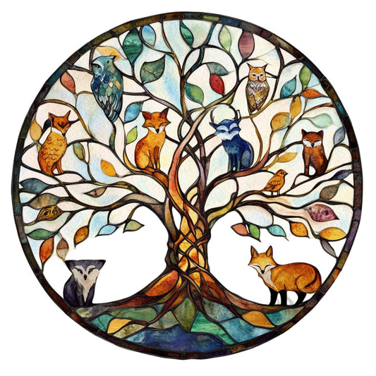 tree of life, stained glass, forest animals, foxes, owls, birds, woodland, nature, autumn colors, fall foliage, earth tones, golden yellow, forest green, navy blue, burnt orange, rust red, teal, cream, multicolor, whimsical, bohemian, elegant, circular design, leaves, celestial, wildlife, decorative, wall hanging, home decor