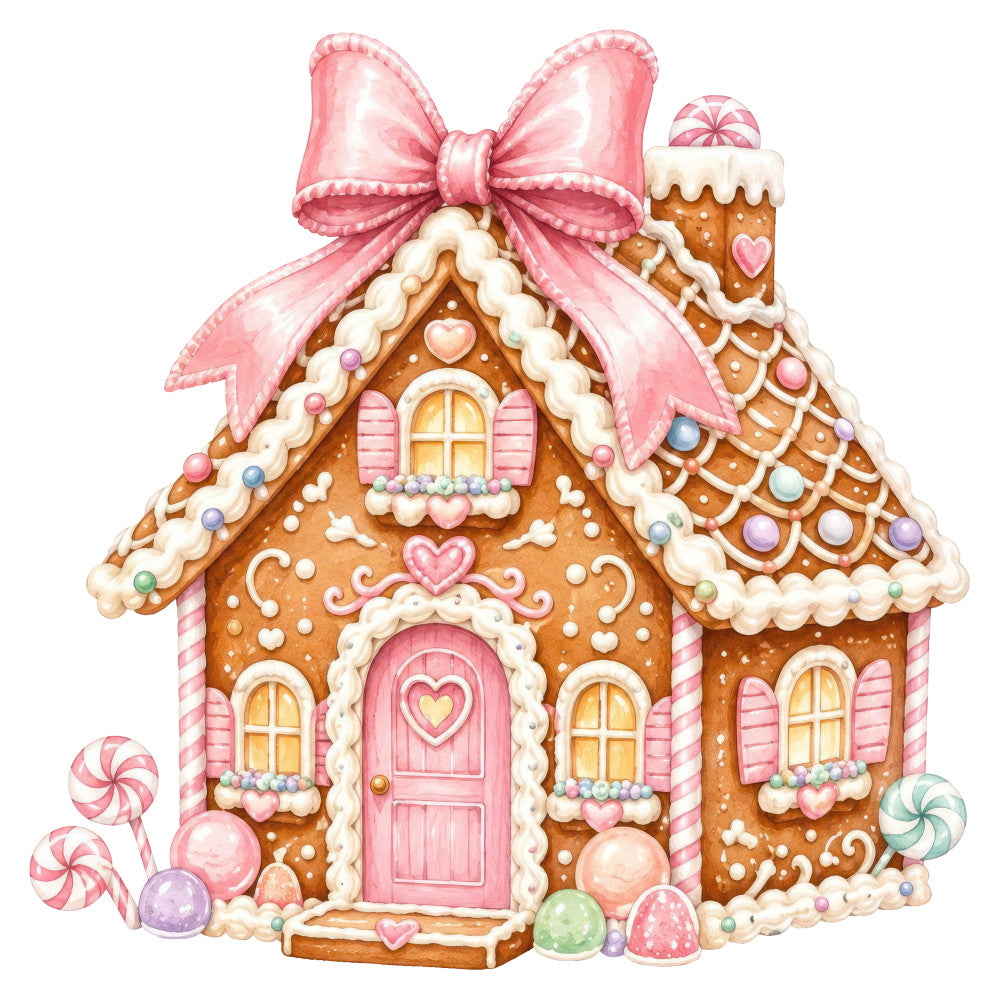 gingerbread house, pink, cream, brown, candy, holiday, christmas, whimsical, festive, bow, heart, lollipop, peppermint, sweet, decorative, children, winter, magical, storybook, fairy tale, embellished, pastel, candy cane, gumball, playful, novelty, seasonal, cheerful, bakery theme