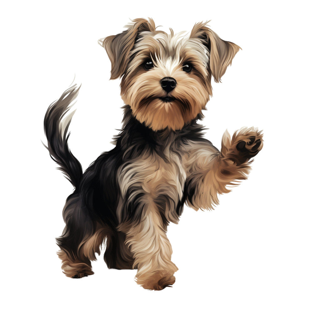 dog, puppy, shih tzu, terrier, tan, cream, black, brown, tan and black, multi-color, animal, pet, portrait, cute, friendly, whimsical, playful, children's, kids, baby, dog lovers, pet lovers, realistic, illustrated, standing pose, paw raised, happy expression, home decor, nursery, apparel