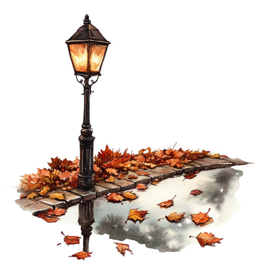 autumn, fall, lamp post, street light, cobblestone, pathway, leaves, maple leaves, orange, golden yellow, rust, brown, black, amber glow, nighttime, evening, seasonal, nature, landscape, scenic, vintage, nostalgic, peaceful, tranquil, rustic, traditional, fall foliage, water reflection, street scene