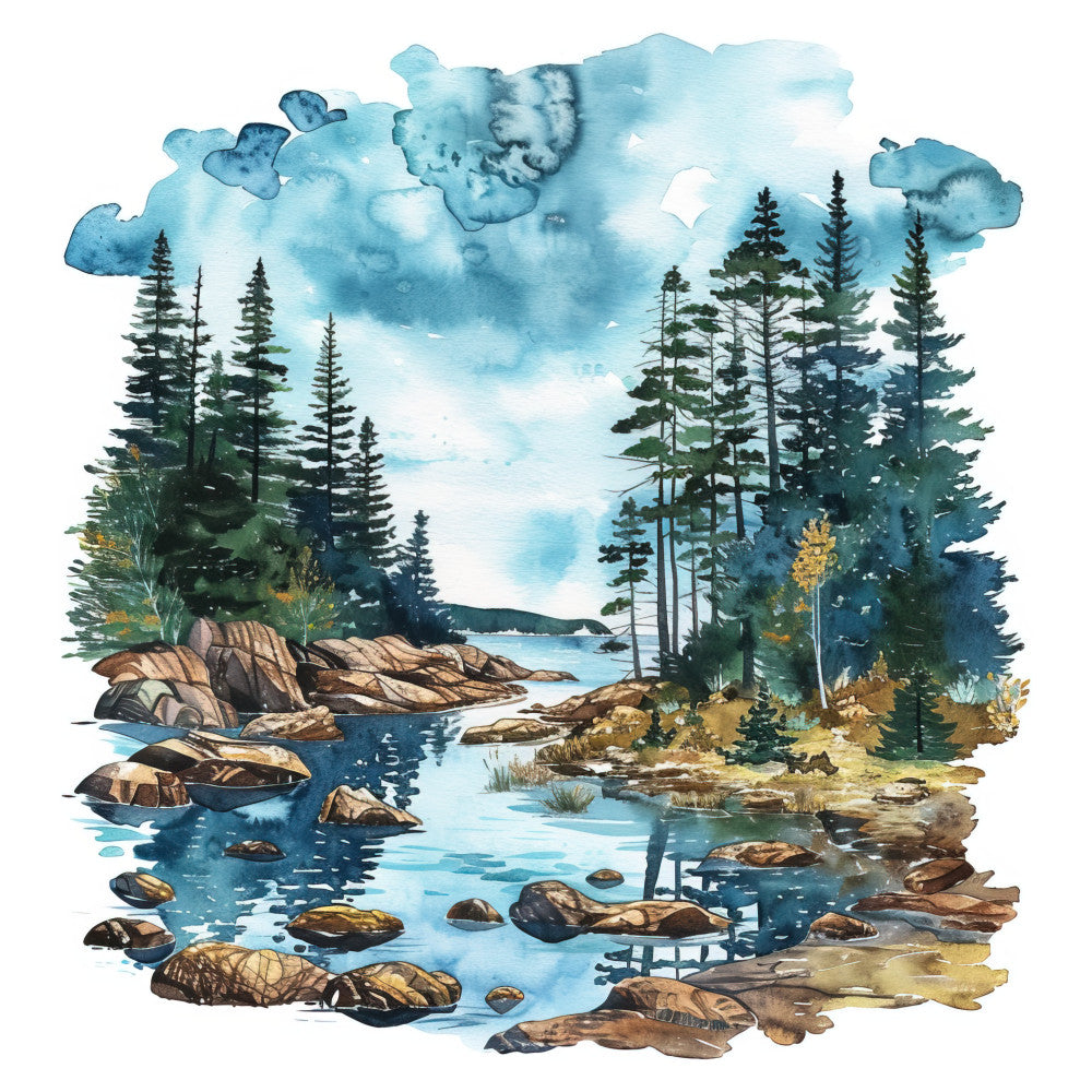 forest green, sky blue, turquoise, aqua, cream, tan, brown, natural, landscape, nature, scenic, trees, pine trees, evergreen, forest, lake, water, rocks, mountains, wilderness, cabin core, rustic, peaceful, serene, outdoor, hiking, nature lover, watercolor, autumn, fall