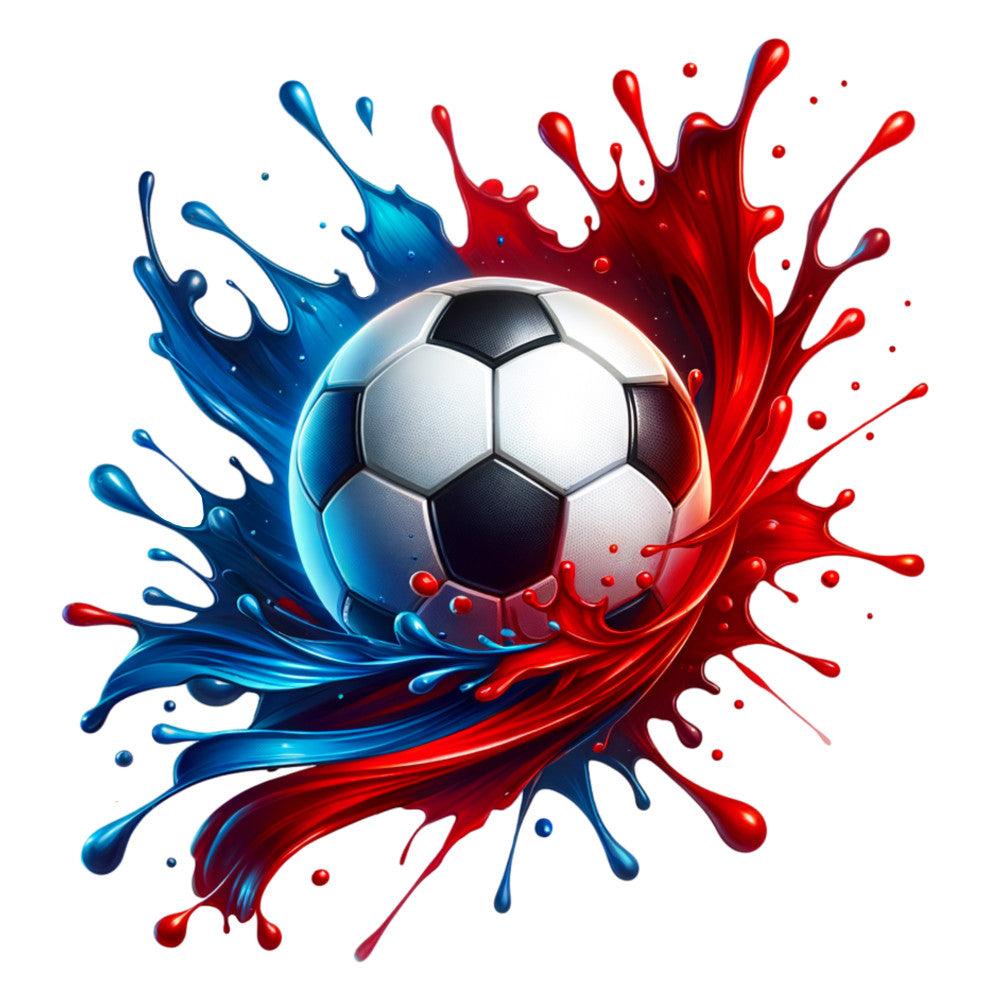 soccer ball, watercolor style, blue splash, red splash, sports theme, fabric panel, liquid motion, dynamic design, white background, black pentagons, athletic motif, paint splatter, fluid art, vibrant colors, crimson red, azure blue, circular composition, energetic movement, quilting fabric, cotton panel