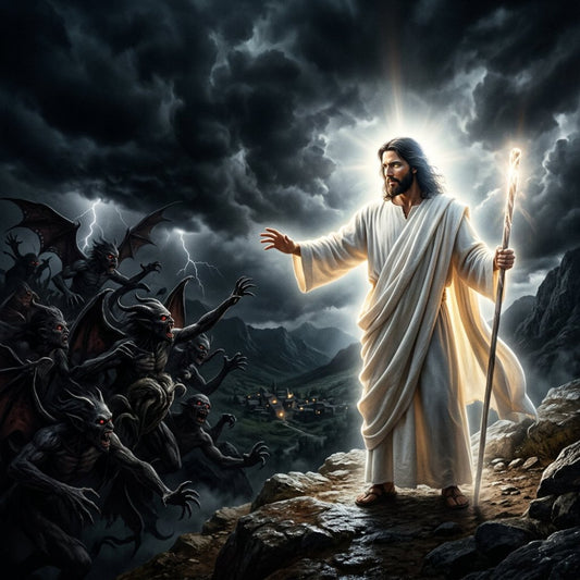 religious, spiritual, good vs evil, light vs dark, dramatic, celestial, stormy sky, lightning, clouds, angelic, divine, heavenly, white, cream, gray, charcoal, golden yellow, dark red, supernatural, fantasy, biblical, heroic, protection, warrior, mystical, gothic, dark fantasy, mountain landscape, architectural, inspirational