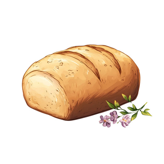 bread, baked goods, bakery, golden brown, tan, cream, beige, rust brown, purple flowers, lavender flowers, floral, nature, food, kitchen, farmhouse, rustic, country, botanical, vintage, homey, cottage core, kitchen decor, food illustration, culinary, artisan bread, sourdough, baking theme, spring flowers, garden, culinary arts
