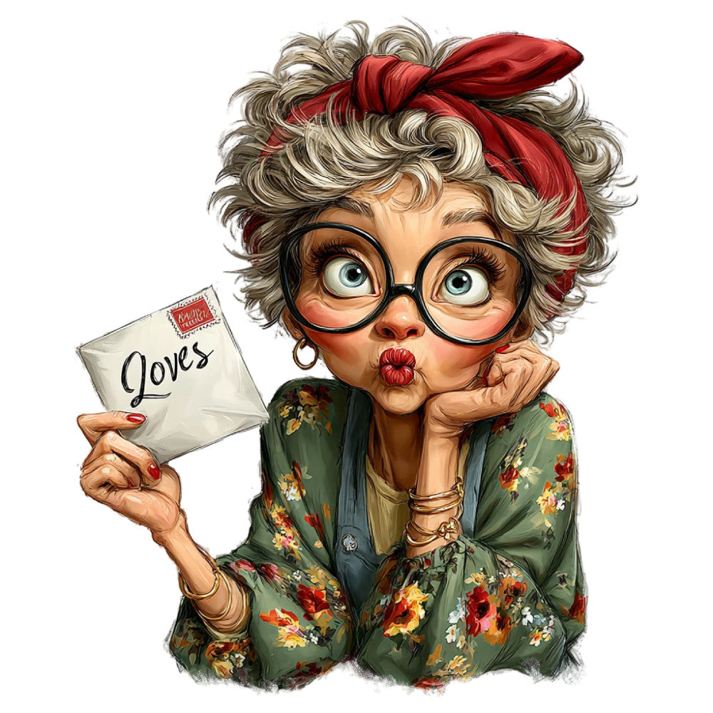 vintage grandmother, retro character, whimsical, humorous, nostalgic, forest green, red ribbon, gray hair, eyeglasses, floral print, colorful florals, love letters, playful, grandma theme, timeless style, charming portrait, cozy aesthetic, traditional pattern, botanical flowers, warm tones, illustration style, character panel, greeting card aesthetic, sentimental, cottage core, folk art, cheerful design, retro fashion