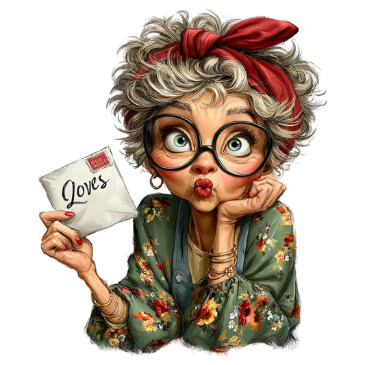 vintage grandmother, retro character, whimsical, humorous, nostalgic, forest green, red ribbon, gray hair, eyeglasses, floral print, colorful florals, love letters, playful, grandma theme, timeless style, charming portrait, cozy aesthetic, traditional pattern, botanical flowers, warm tones, illustration style, character panel, greeting card aesthetic, sentimental, cottage core, folk art, cheerful design, retro fashion