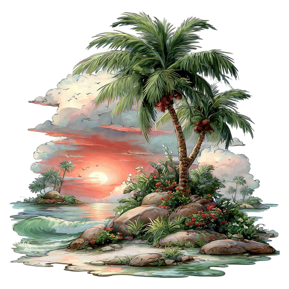 tropical sunset, palm trees, ocean waves, beach scene, coastal, seascape, sunset colors, coral pink, orange, golden yellow, sage green, soft blue, aqua, cream, rocks and boulders, flowering plants, red flowers, botanical, nature, landscape, scenic, peaceful, serene, whimsical, artistic, romantic, summer, tropical, island vibes, wall hanging