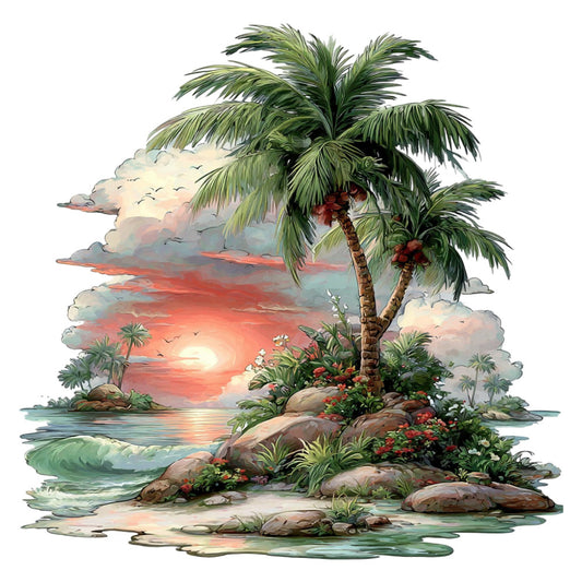 tropical sunset, palm trees, ocean waves, beach scene, coastal, seascape, sunset colors, coral pink, orange, golden yellow, sage green, soft blue, aqua, cream, rocks and boulders, flowering plants, red flowers, botanical, nature, landscape, scenic, peaceful, serene, whimsical, artistic, romantic, summer, tropical, island vibes, wall hanging