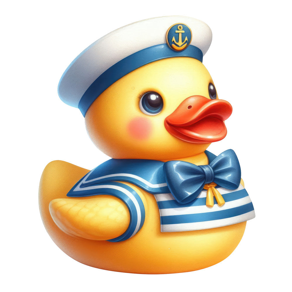 yellow duck, sailor duck, nautical, navy blue, red orange, white, striped, cute animals, whimsical, children's, baby, sailor hat, anchor, bow tie, cheerful, playful, gender-neutral, bath time, duckling, summer, novelty print, decorative, character fabric, aquatic theme, maritime, coastal, bright colors, fun, cheerful theme