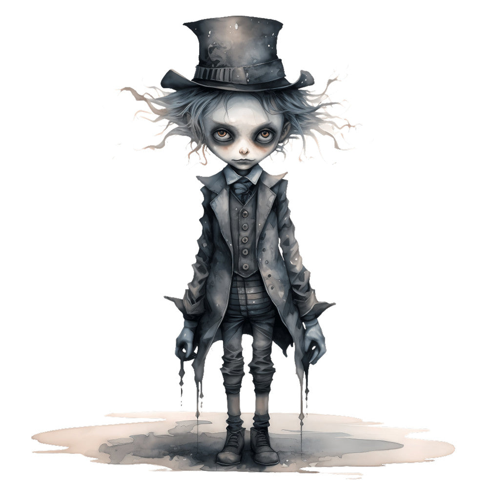 dark academia, gothic, steampunk, whimsical, dark whimsy, character illustration, top hat, charcoal gray, slate gray, monochromatic, pale skin tones, haunting, mysterious, vintage-inspired, victorian, fantasy, dark fantasy, avant-garde, artistic, decorative panel, wall art, novelty print, conversation print, statement fabric, halloween, autumn, spooky, moody aesthetic, children's illustration, character design