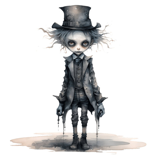 dark academia, gothic, steampunk, whimsical, dark whimsy, character illustration, top hat, charcoal gray, slate gray, monochromatic, pale skin tones, haunting, mysterious, vintage-inspired, victorian, fantasy, dark fantasy, avant-garde, artistic, decorative panel, wall art, novelty print, conversation print, statement fabric, halloween, autumn, spooky, moody aesthetic, children's illustration, character design
