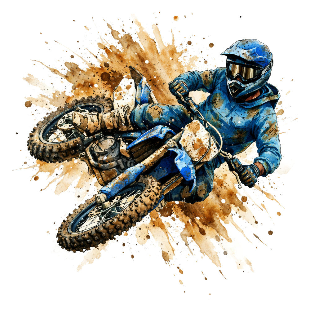 dirt bike, motocross, blue, tan, brown, gold, splatter, watercolor, abstract, sports, action, extreme sports, masculine, modern, adventurous, dynamic, energetic, racing, off-road, vehicle, dirt splatter, grunge, contemporary, youth, outdoor sports, high-energy, dirtbike rider, mud splash, sports themed