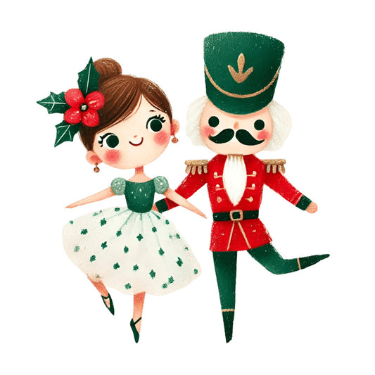 christmas, holiday, nutcracker, festive, red, forest green, cream, gold accents, vintage, whimsical, retro, dancing figures, couple, cheerful, joyful, children's illustration, storybook, classic christmas, traditional holiday, nostalgic, mid-century modern, illustrated characters, girl and boy, holly berries, winter celebration, seasonal, decorative panel, wall hanging, cheerful print, sweet design