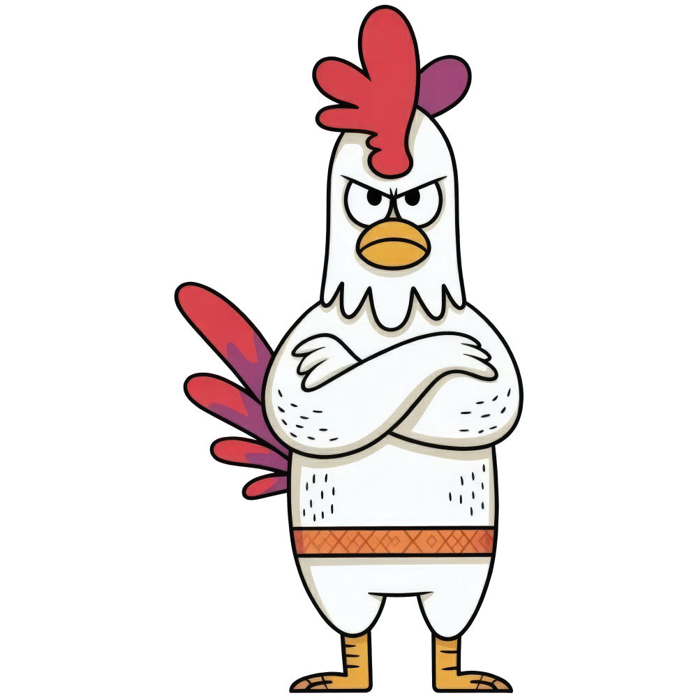 cartoon rooster, red comb, white chicken, farm animals, farmhouse style, whimsical, cute characters, children's fabric, golden yellow, cream white, red accents, orange brown, animal motifs, folk art, country style, humorous design, playful, kids quilting, baby fabric, rustic charm, barnyard theme, poultry, character panel, standing rooster, bold outlines, simple design, fun prints, nursery theme