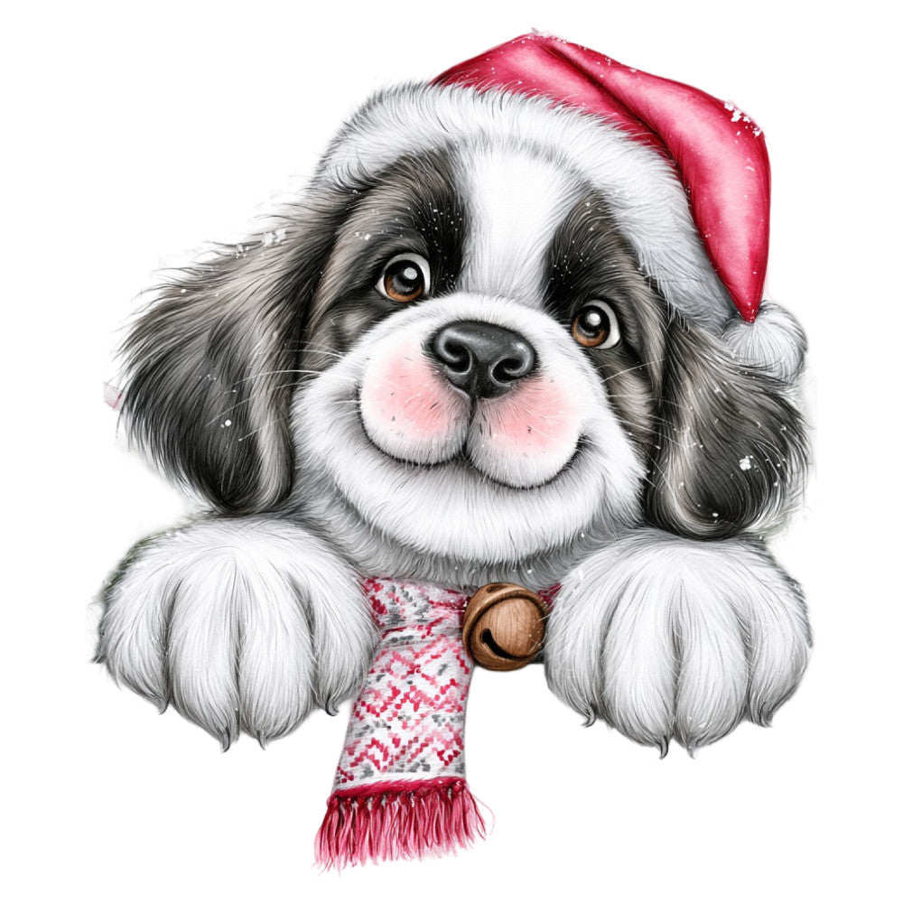dog, shih tzu, puppy, black and white, red, pink, christmas, holiday, santa hat, festive, winter, cute, whimsical, children, kids, animals, pets, seasonal, decorative, portrait, charming, playful, joy, celebration, gift, greeting card, wall hanging, baby, nursery