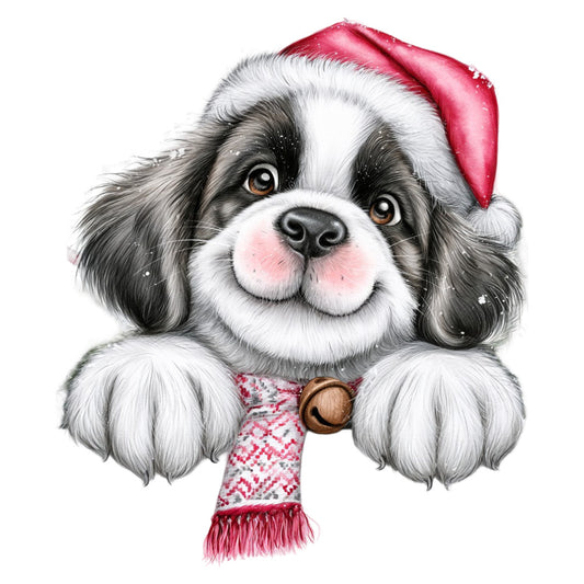 dog, shih tzu, puppy, black and white, red, pink, christmas, holiday, santa hat, festive, winter, cute, whimsical, children, kids, animals, pets, seasonal, decorative, portrait, charming, playful, joy, celebration, gift, greeting card, wall hanging, baby, nursery