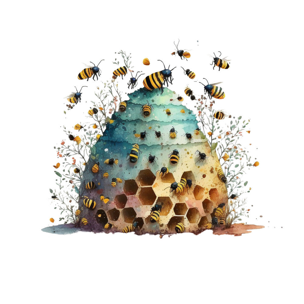 honey bees, watercolor style, beehive, hexagonal honeycomb, yellow and black stripes, teal blue, golden brown, botanical elements, wildflowers, buzzing bees, nature scene, fabric panel, quilting cotton, whimsical art, spring theme, pollinator design, insect illustration, soft pastels, organic shapes