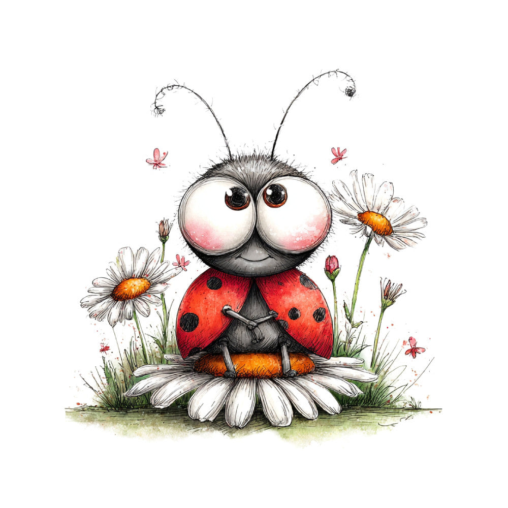 ladybug, red, white, black, orange, gold, daisy, whimsical, cute, spring, nature, insects, flowers, garden, children's, playful, illustration, watercolor, animal, botanical, cheerful, woodland, friendly, kids, baby, charming, artistic, detailed, vibrant