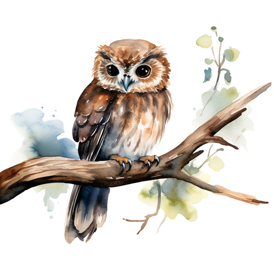 watercolor owl, brown owl, rust colored, burnt orange, teal blue, sage green, woodland creature, branch perching, nature scene, soft brushstrokes, artistic painting, fabric panel, quilting cotton, forest bird, amber eyes, feathered texture, botanical elements, gentle watercolor, earthy tones, wildlife design