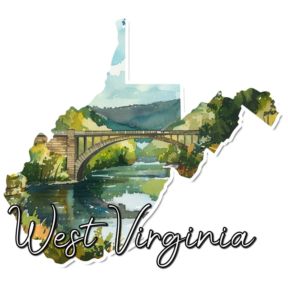 west virginia, state map, bridge, river landscape, watercolor, nature, travel, scenic, teal blue, sage green, forest green, cream white, golden yellow, topographic, architectural, arched bridge, trees, rolling hills, vintage travel, geography, americana, regional pride, home decor, wall art, souvenirs, illustrated map, pastoral, peaceful, wanderlust