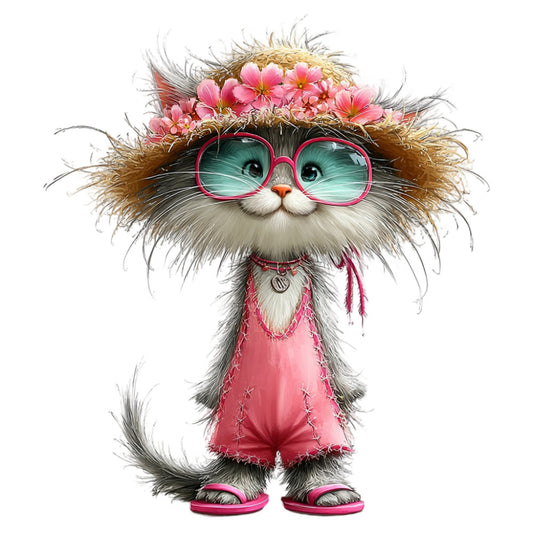 whimsical cat, pink flowers, flower crown, cat with glasses, playful animal, cute cat, fun animal print, spring theme, summer style, hot pink, coral pink, sage green, turquoise eyes, floral headpiece, fashionable cat, trendy animal, cheerful design, colorful cat, decorative cat, novelty print, lighthearted theme, children's illustration, playful fashion, girly style, boho whimsical, animal portrait, adorable pets, vibrant colors, fun fashion statement, quirky animal art