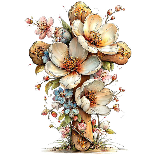 cream, beige, pink, blue, orange, golden yellow, floral cross, wooden cross, ornate scrollwork, magnolia blooms, cherry blossoms, decorative flowers, botanical design, vintage style, fabric panel, quilting cotton, religious motif, spring flowers, watercolor effect, ornamental carving