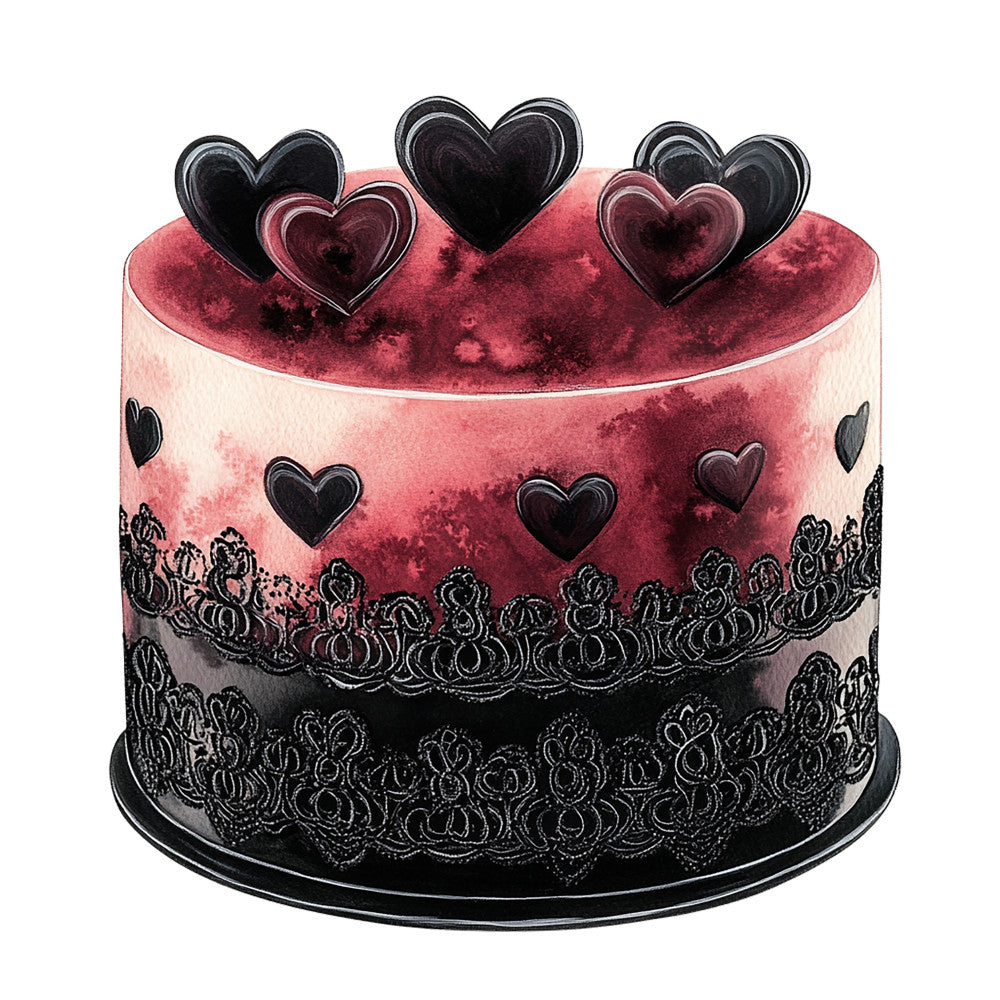 fabric panel, dark romance, gothic cake, black hearts, burgundy frosting, ornate piping, lace details, romantic goth, decorative cake, pink ombre, black decorations, valentine's theme, gothic romance, quilting cotton, heart toppers, rose piping, dramatic colors, romantic dessert, ornamental design, gothic aesthetic