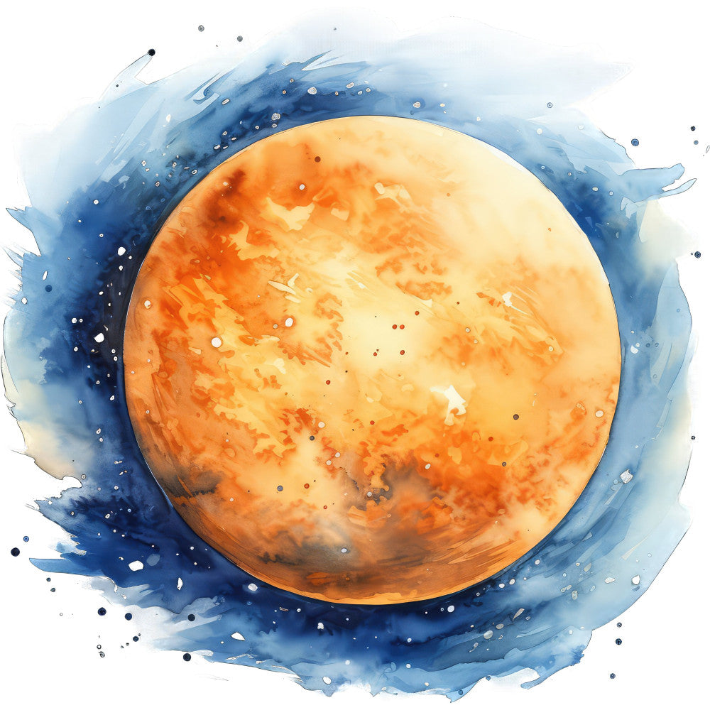 celestial, space, planets, astronomy, galaxy, orange planet, burnt orange, golden yellow, deep blue, navy blue, cobalt blue, watercolor, abstract, cosmic, stars, nebula, dreamy, whimsical, modern, contemporary, night sky, universe, celestial theme, moon, orange and blue, speckled, splattered, artistic, meditation, zen