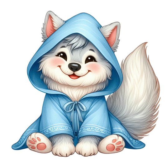 sky blue, light blue, white, gray, coral pink, red, cute animals, fox, woodland creatures, whimsical, kawaii, illustration, character, hooded cape, playful, children's, baby, nursery, storybook, fairy tale, enchanted, fantasy, adorable, smiling character, soft style, gentle, sweet, animal friends