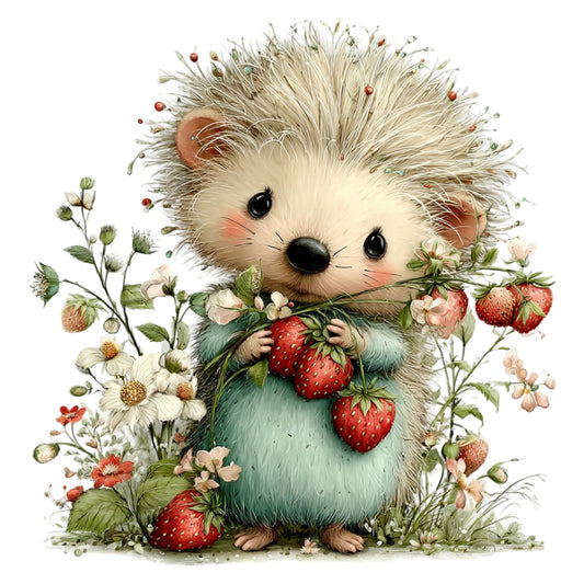 hedgehog, cute animals, forest green, cream, white, coral pink, red berries, strawberries, wildflowers, daisies, floral, nature, whimsical, woodland, spring, summer, garden, pastoral, charming, illustration style, children's, baby, gentle colors, sage green, berry picking, botanical, sweet, adorable, rustic charm