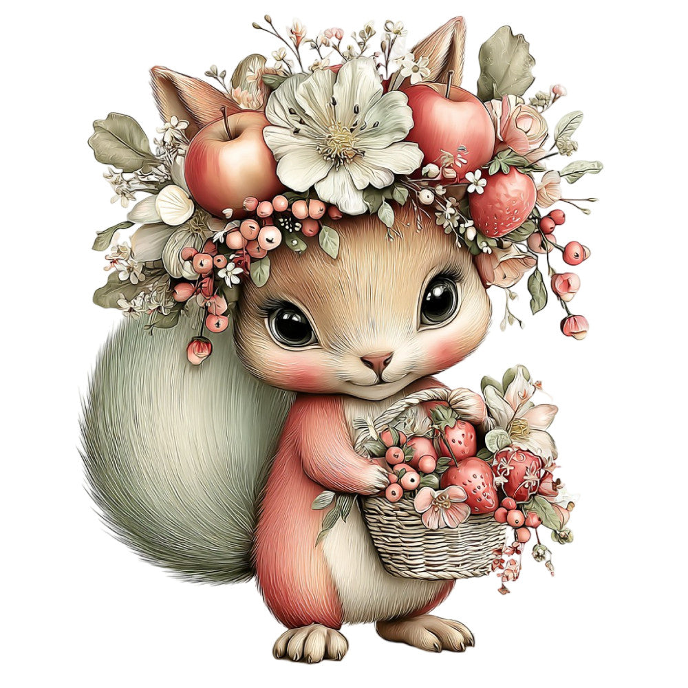cream, blush pink, coral pink, sage green, dusty rose, soft pastels, floral, botanical, animals, woodland creatures, squirrel, nature, whimsical, sweet, cute, illustration, vintage style, spring, summer, fruits, strawberries, apples, berries, flowers, daisies, leaves, basket, nursey, children's, baby