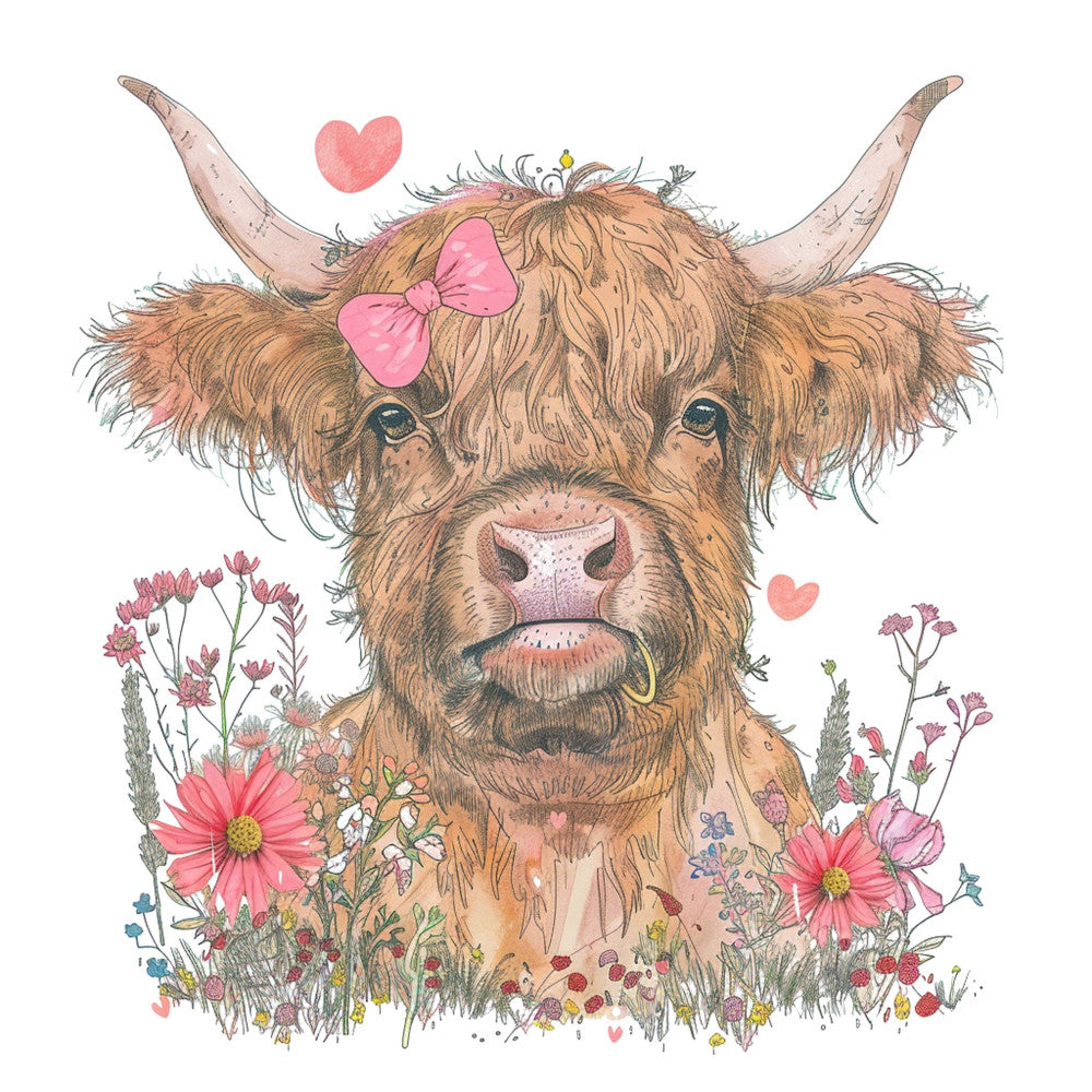 highland cattle, longhorn cow, brown, tan, coral pink, dusty rose, cream, floral, wildflowers, daisies, botanical, whimsical, farmhouse, rustic, spring, summer, animals, nature, sweet, feminine, bow, hearts, country, folk art, folk style, boho, bohemian, cute, adorable, nursery