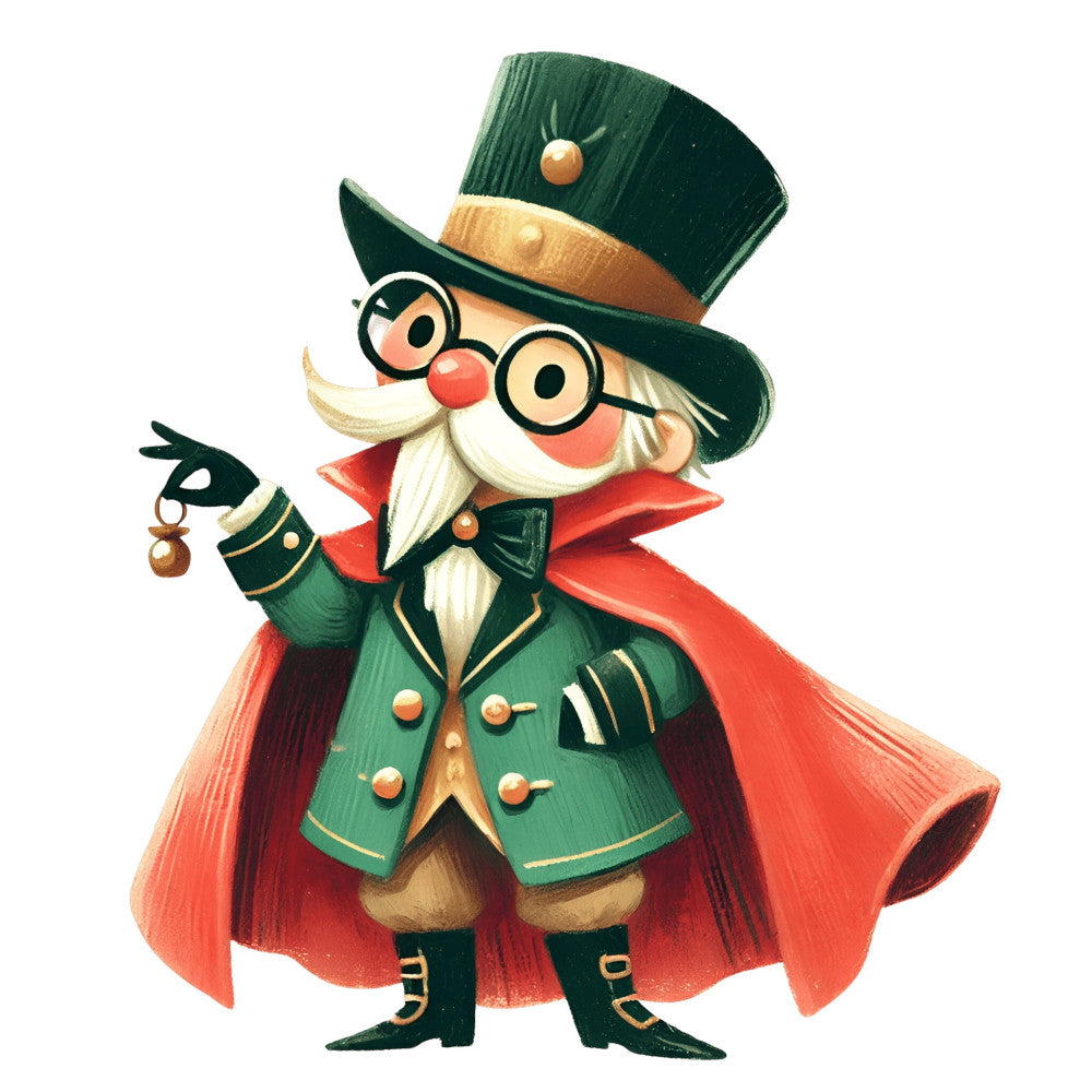 forest green, red, coral red, cream white, gold accents, vintage, whimsical, holiday, christmas, steampunk, top hat, top hat and tails, character, festive, magical, storybook, children's, character design, gentleman, dapper, formal wear, cape, goggles, beard, nostalgic, victorian, traditional, elegant, jolly, cheerful