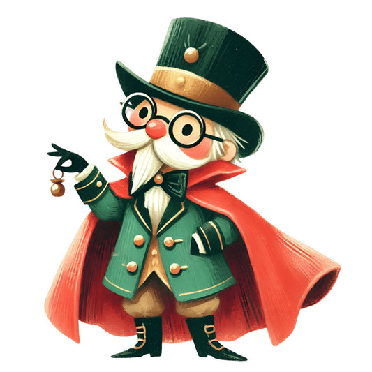 forest green, red, coral red, cream white, gold accents, vintage, whimsical, holiday, christmas, steampunk, top hat, top hat and tails, character, festive, magical, storybook, children's, character design, gentleman, dapper, formal wear, cape, goggles, beard, nostalgic, victorian, traditional, elegant, jolly, cheerful