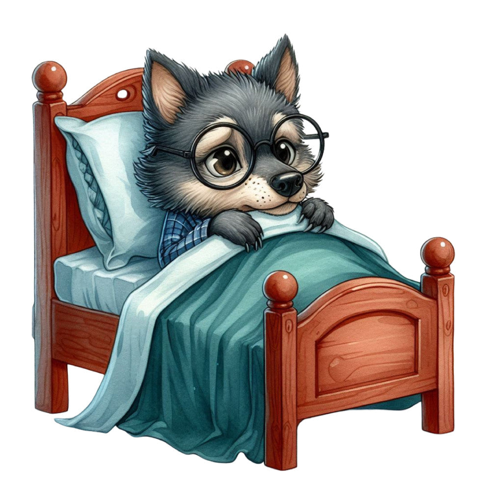 cute animal, woodland creature, fox, glasses, whimsical, children's, nursery, bedtime, pajamas, cozy, teal blue, turquoise, wood grain, red wood, plaid shirt, charming, storybook, playful, baby quilt, wall hanging, kids fabric, illustrated, anthropomorphic, sweet, endearing, humorous, cottage core, vintage inspired
