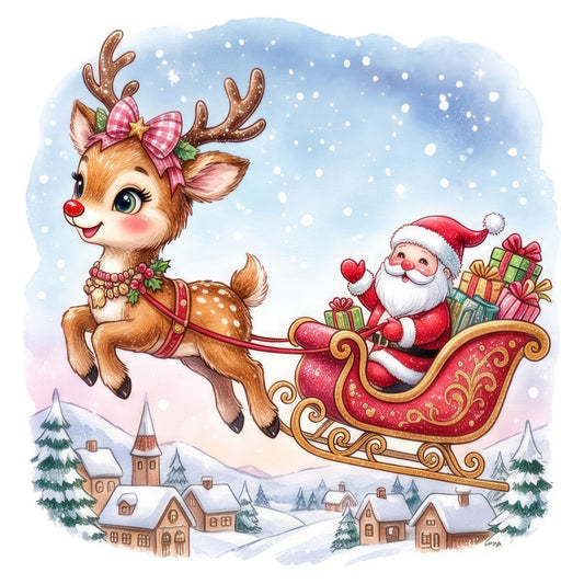 christmas, holiday, santa, reindeer, sleigh, snow, winter, festive, whimsical, nostalgic, red, cream, gold, forest green, soft blue, pink bow, snowy landscape, village scene, houses, evergreen trees, gifts, presents, magical, traditional, vintage style, children's, cute, charming, decorative, seasonal