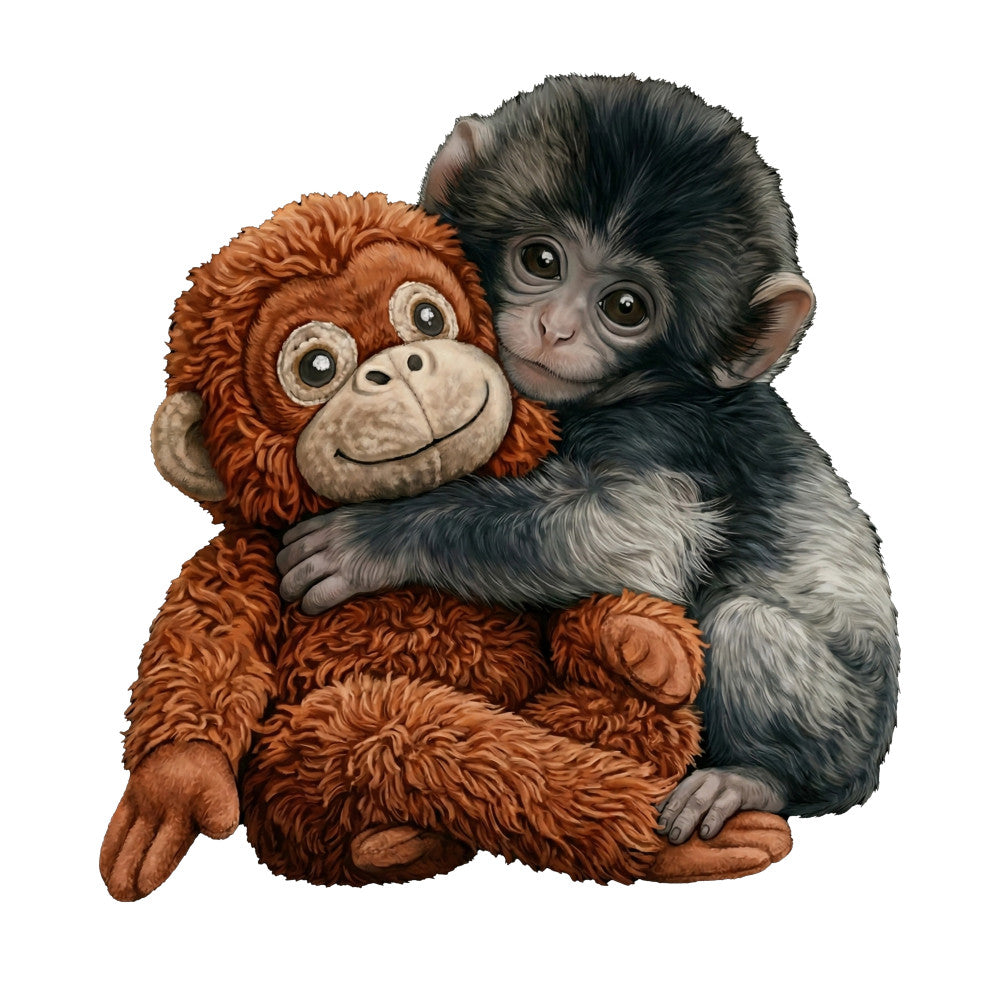 adorable animals, baby animals, black and white, brown, charcoal gray, chimpanzee, cute, friendship, hugging, illustrated, monkeys, playful, primates, rust orange, sweet, tan, tender moment, whimsical, wildlife, young animals, nursery, children's, bonding, gentle, nurturing, storybook, baby quilt