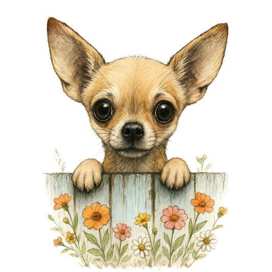 chihuahua, tan, cream, white, light blue, pale blue, orange, coral pink, yellow, green, floral, daisy, flowers, animals, dogs, pet, cute, whimsical, children's, baby, spring, garden, rustic, farmhouse, nature, playful, sweet, illustration, watercolor style, fence