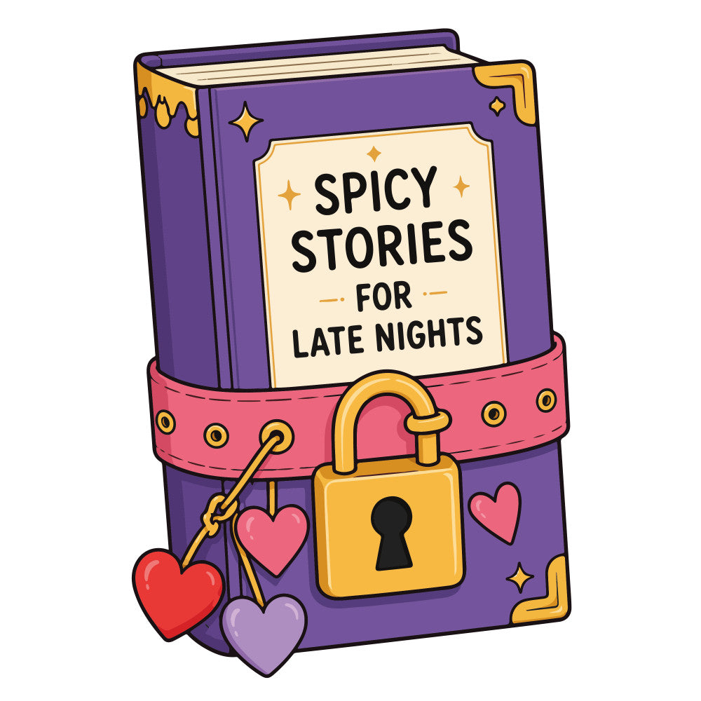 spicy stories, late night, purple, gold, coral pink, red, heart, lock, key, book, literary, romance, romantic, whimsical, playful, contemporary, steamy, adult themes, novelty, decorative, stars, sparkles, magical, cozy, entertaining, fun, vibrant, bold