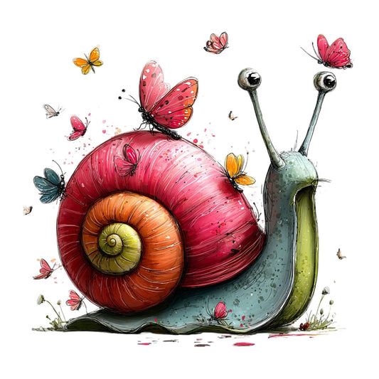 whimsical snail, butterfly, garden creatures, nature illustration, coral pink, deep red, sage green, golden yellow, watercolor style, storybook art, children's, spring, summer, fantasy animals, magical forest, woodland, playful design, soft colors, decorative art, insect motifs, blooming flowers, nature lovers, whimsy, vintage illustration, artistic design, creative kids, bedding, wall art, nursey decor, enchanted garden
