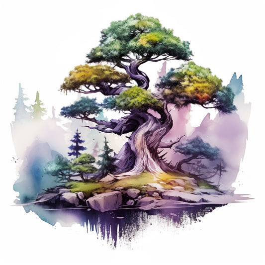 watercolor, bonsai tree, purple trunk, green foliage, misty mountains, serene landscape, rocky terrain, evergreen trees, soft pastels, artistic painting, fabric panel, nature scene, tranquil mood, asian inspired, botanical art, dreamy atmosphere, cotton quilting, gentle blues, lavender hues, peaceful setting