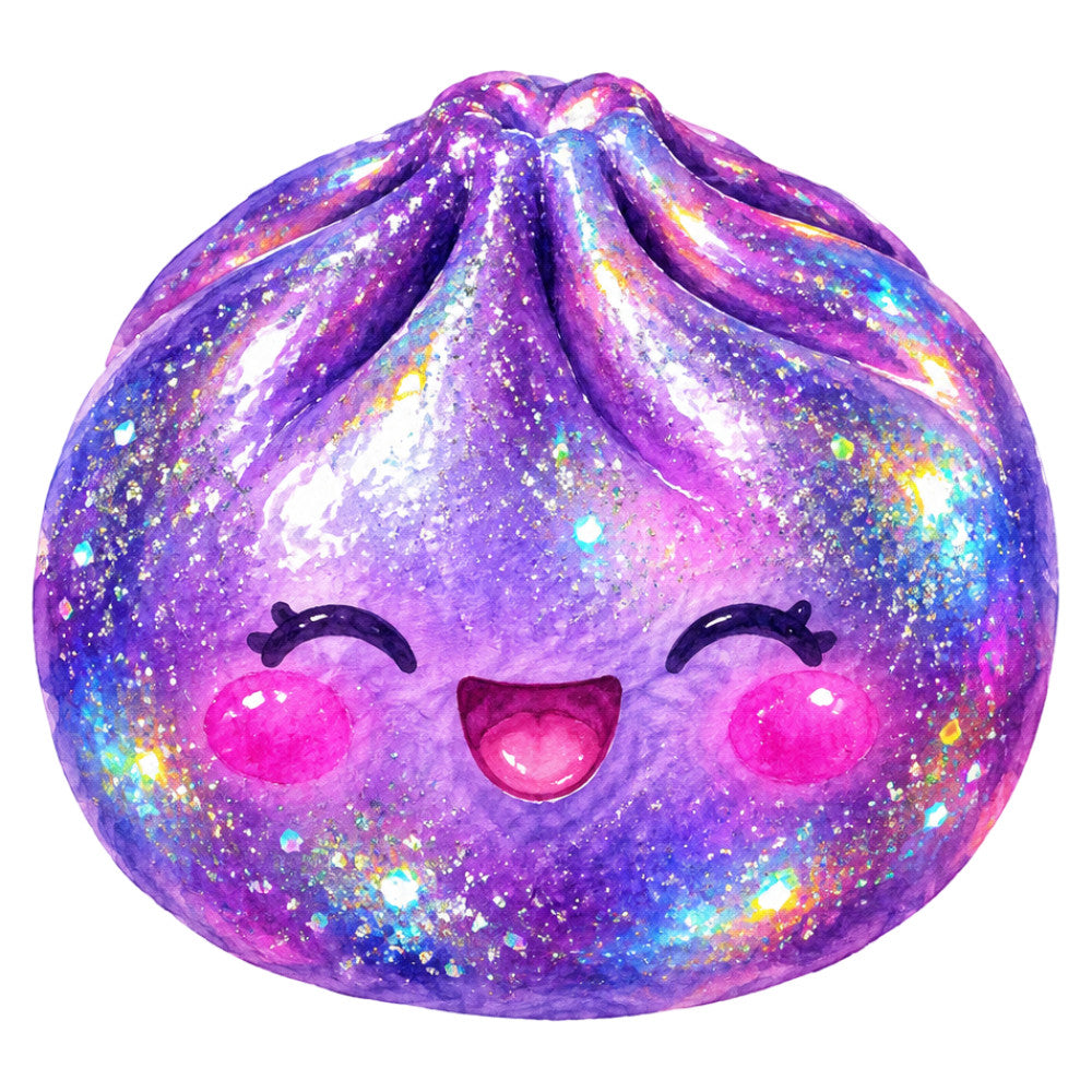 purple, magenta, pink, blue, iridescent, glitter, sparkle, holographic, galaxy, celestial, stars, kawaii, cute, whimsical, playful, character, face, happy, smiling, rainbow, colorful, metallic, shimmer, magical, fantasy, children, kids, fun, dimensional, textured