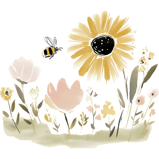 honey yellow, cream, soft pink, dusty rose, sage green, olive green, watercolor floral, daisy, sunflower, wildflower, bee, nature, spring, summer, whimsical, botanical, garden, pastoral, soft palette, delicate, peaceful, cottage core, rustic, elegant, baby quilt, nursery, wall art, illustrated, hand painted style, meadow