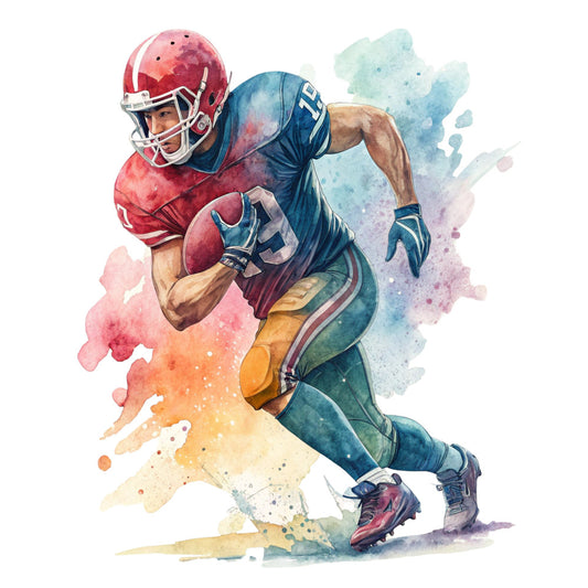 football player, sports, watercolor, abstract watercolor, red helmet, navy blue, crimson red, gold yellow, dusty rose, teal green, watercolor splatter, athletic, masculine, modern sport art, ball, action pose, running back, receiver, sports fan, game day, team colors, vibrant watercolor, artistic, contemporary, sports themed, men's interests, hobby inspired, dynamic movement, painted effect