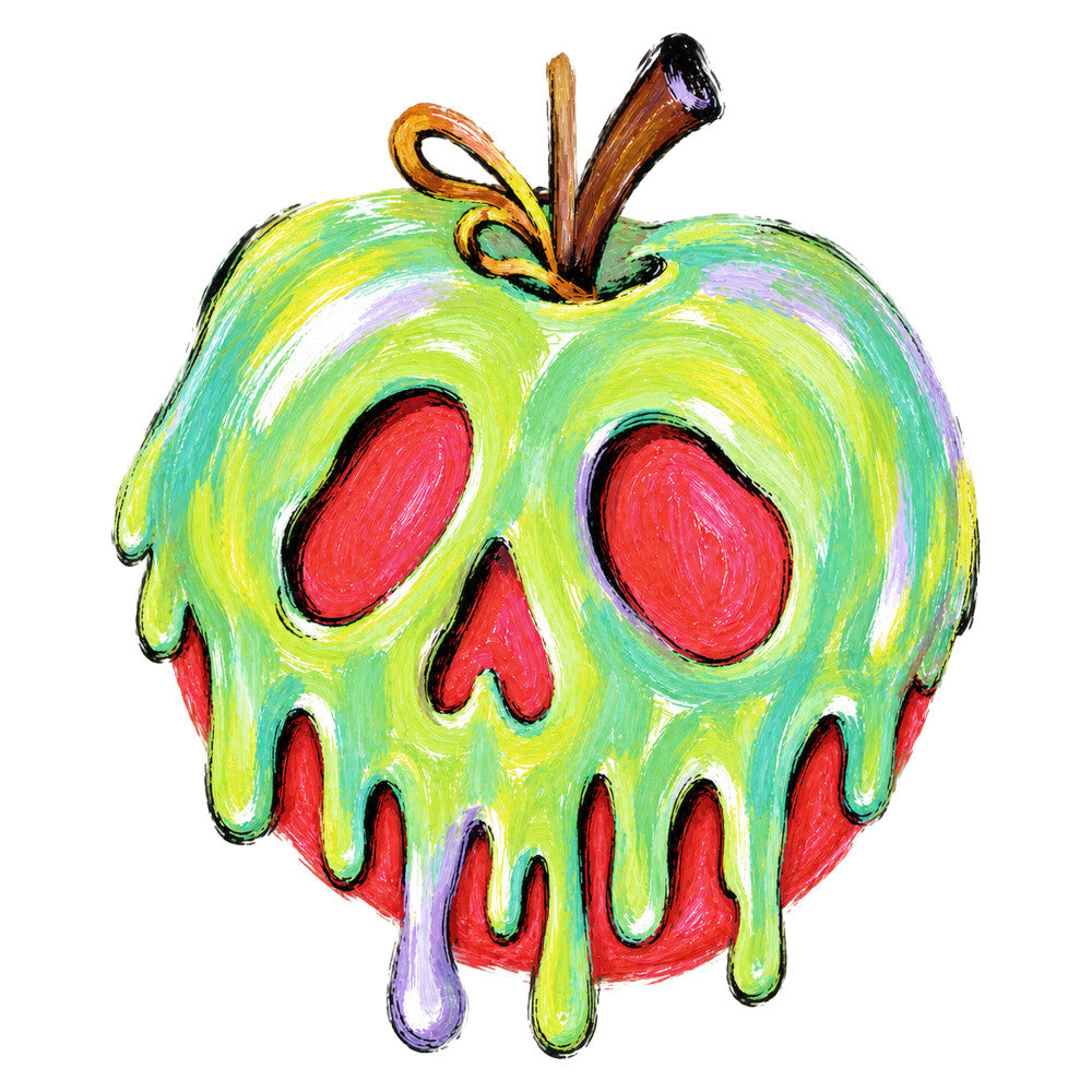 lime green, apple red, purple, yellow, toxic green, dripping paint, melting effect, skull design, poison apple, gothic, whimsical, dark fairy tale, snow white, evil queen, creepy cute, halloween, fantasy, alternative style, goth aesthetic, drip pattern, edgy, modern, supernatural, spooky, enchanted, dark magic, wall hanging, novelty print, character inspired