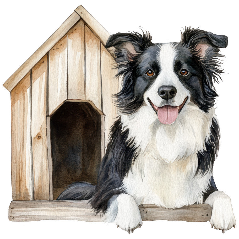 watercolor art, border collie, dog portrait, wooden doghouse, black and white fur, pink tongue, amber eyes, pet illustration, fabric panel, quilting cotton, realistic painting, animal design, canine artwork, brown wood grain, soft brushstrokes, happy expression, furry texture, white background, cottage style, pastoral theme