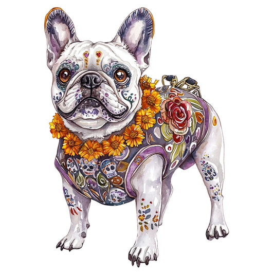 french bulldog, day of the dead, sugar skull, floral, flowers, sunflowers, roses, ornamental, decorative, whimsical, bohemian, colorful, purple, gold, orange, yellow, red, white, skull motifs, folk art, mexican inspired, dog lover, pet themed, vibrant, jewel tones, artistic, detailed, embellished, festive