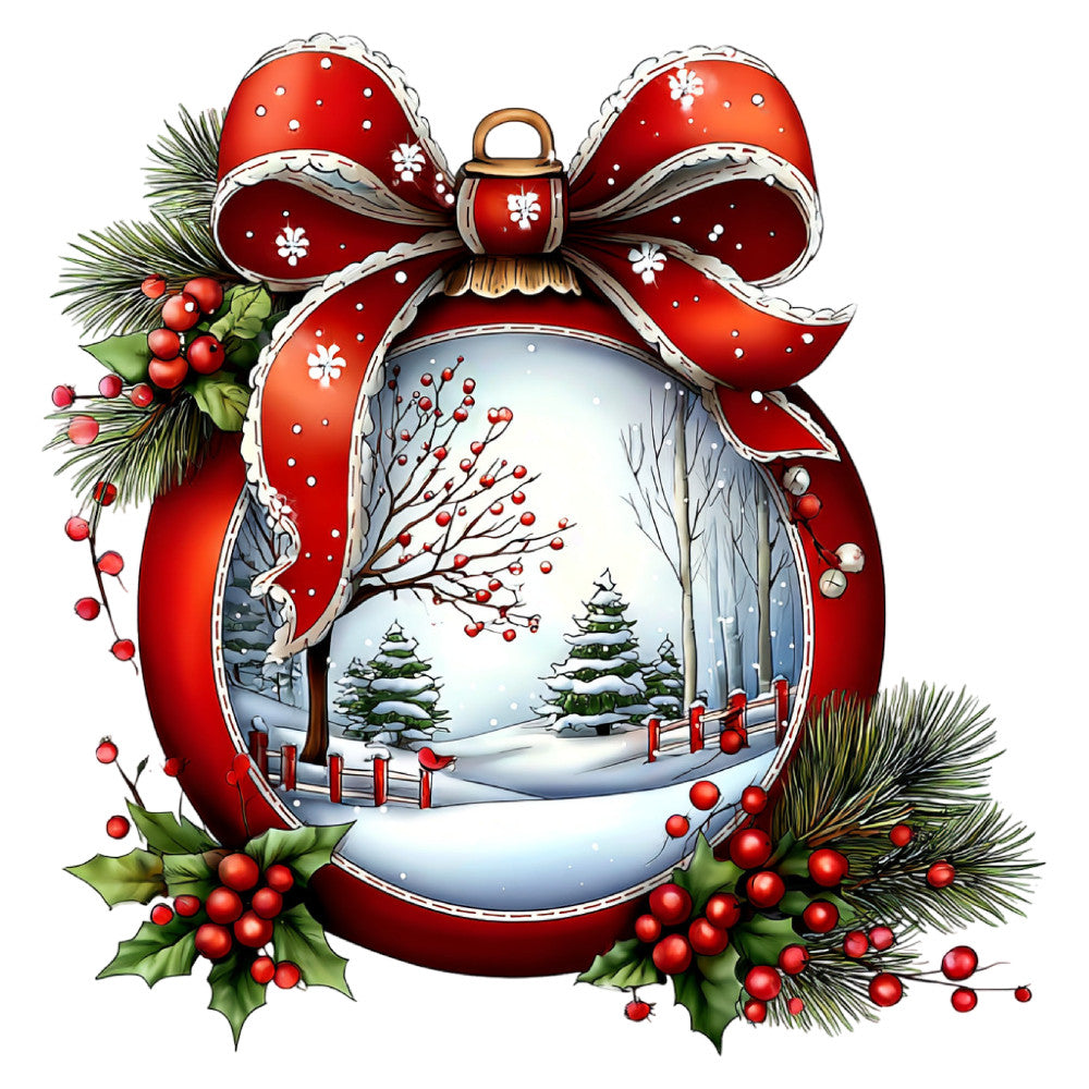 red, white, cream, forest green, burgundy, crimson, snow white, winter landscape, christmas, holiday, ornament, bow, evergreen trees, pine branches, holly berries, festive, traditional, elegant, whimsical, scenic, snowy scene, winter scene, nature, seasonal, christmas decoration, red ribbon, berries, coniferous trees, snow-covered, decorative ornament